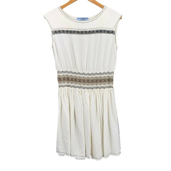 Authentic Prada Off-White Smocked Waist Crepe Dress Size Small - Picture 2 of 9